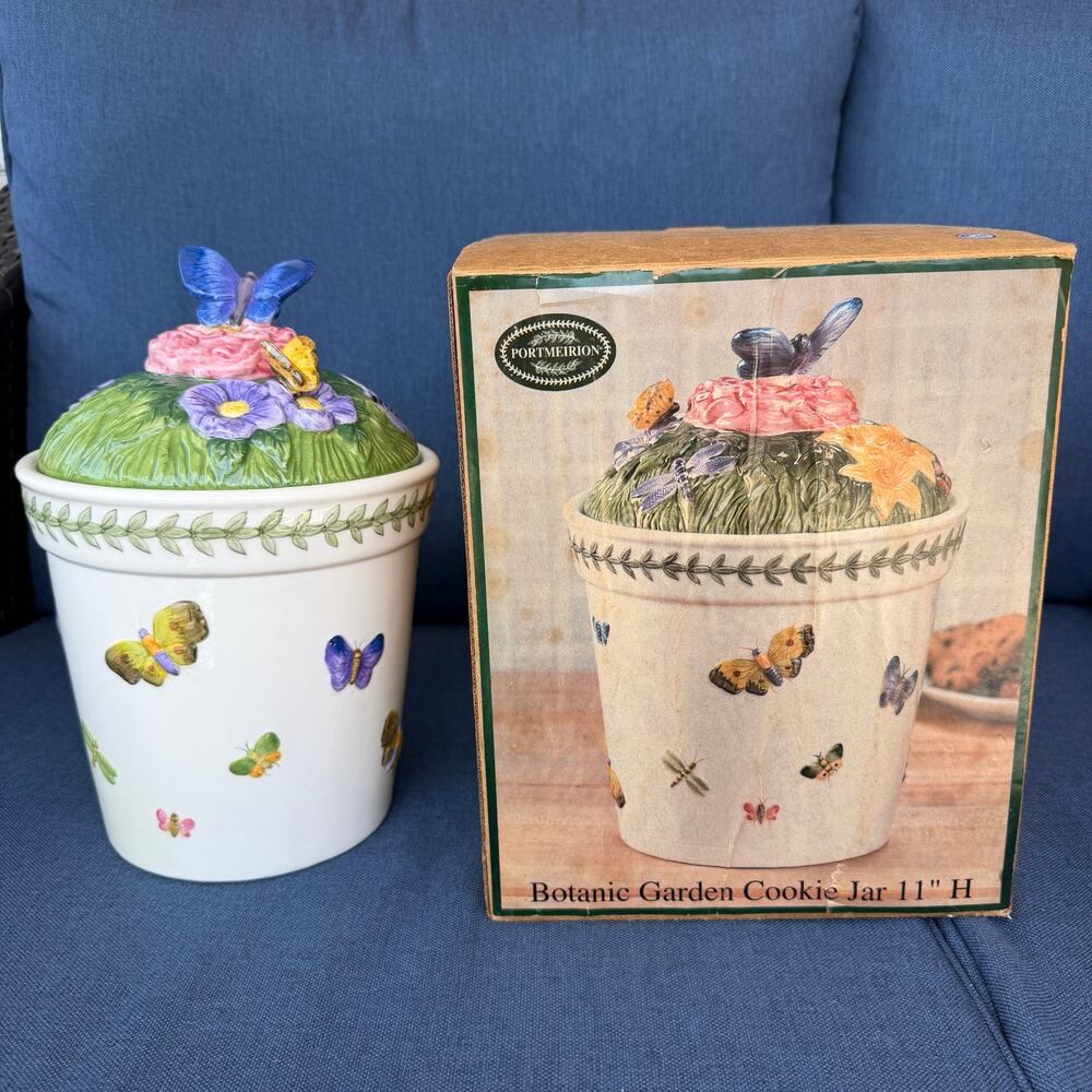 Portmeirion Botanical Garden Cookie Jar Butterfly Flowers Floral Cottage READ